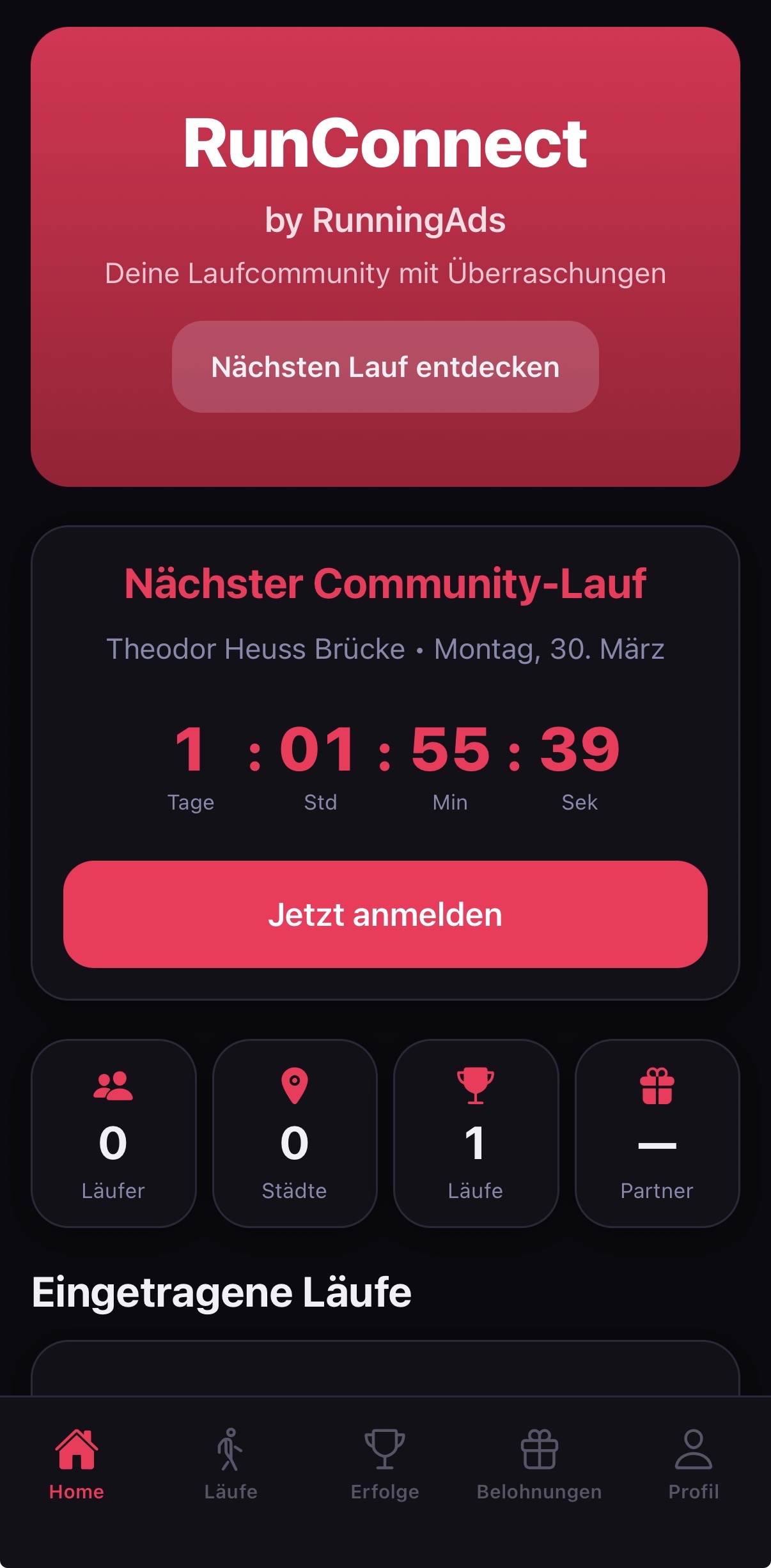 RunConnect App Screenshot – Läufer melden sich für RunningAds Kampagnen an und erhalten Rewards